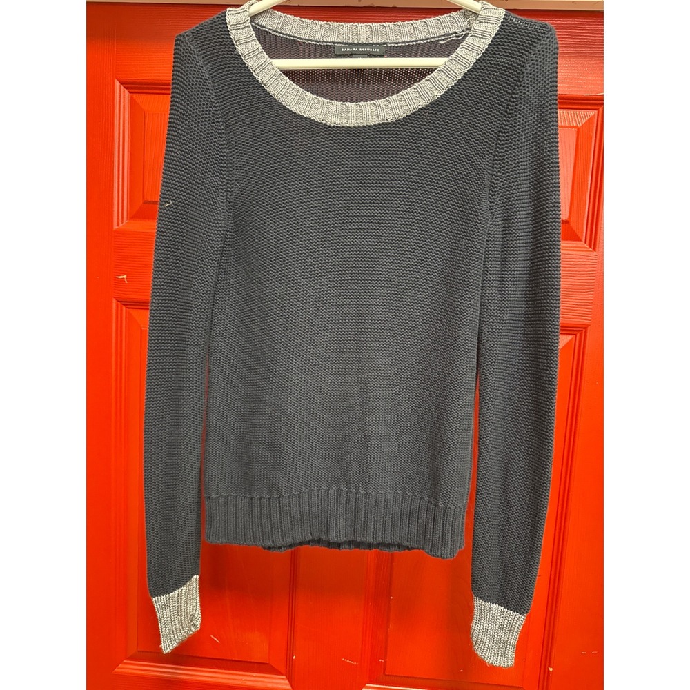 Banana Republic Womens Medium Navy Blue Metallic Trim Garter Stitch Sweater